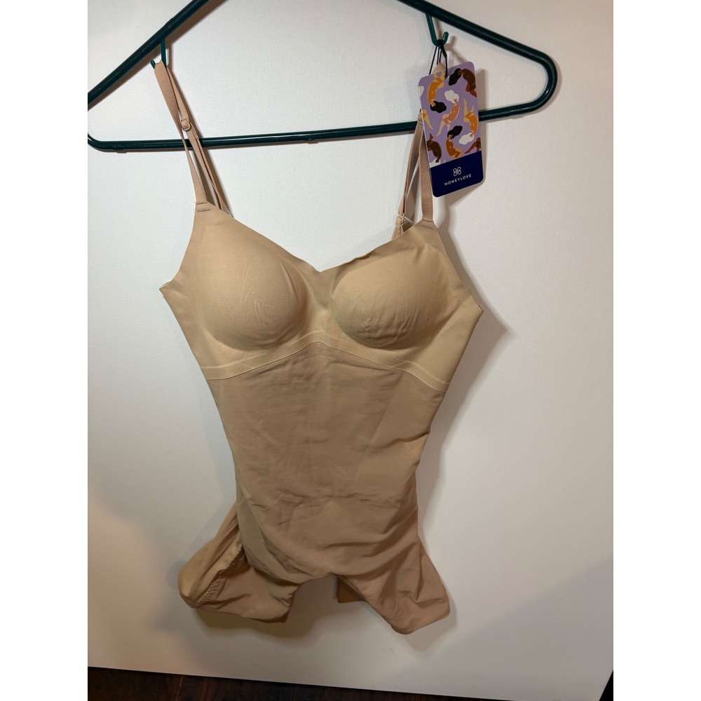 NWT Honeylove Mid Thigh Bodysuit Shapewear Sand Beige Size XS Wireless Bra